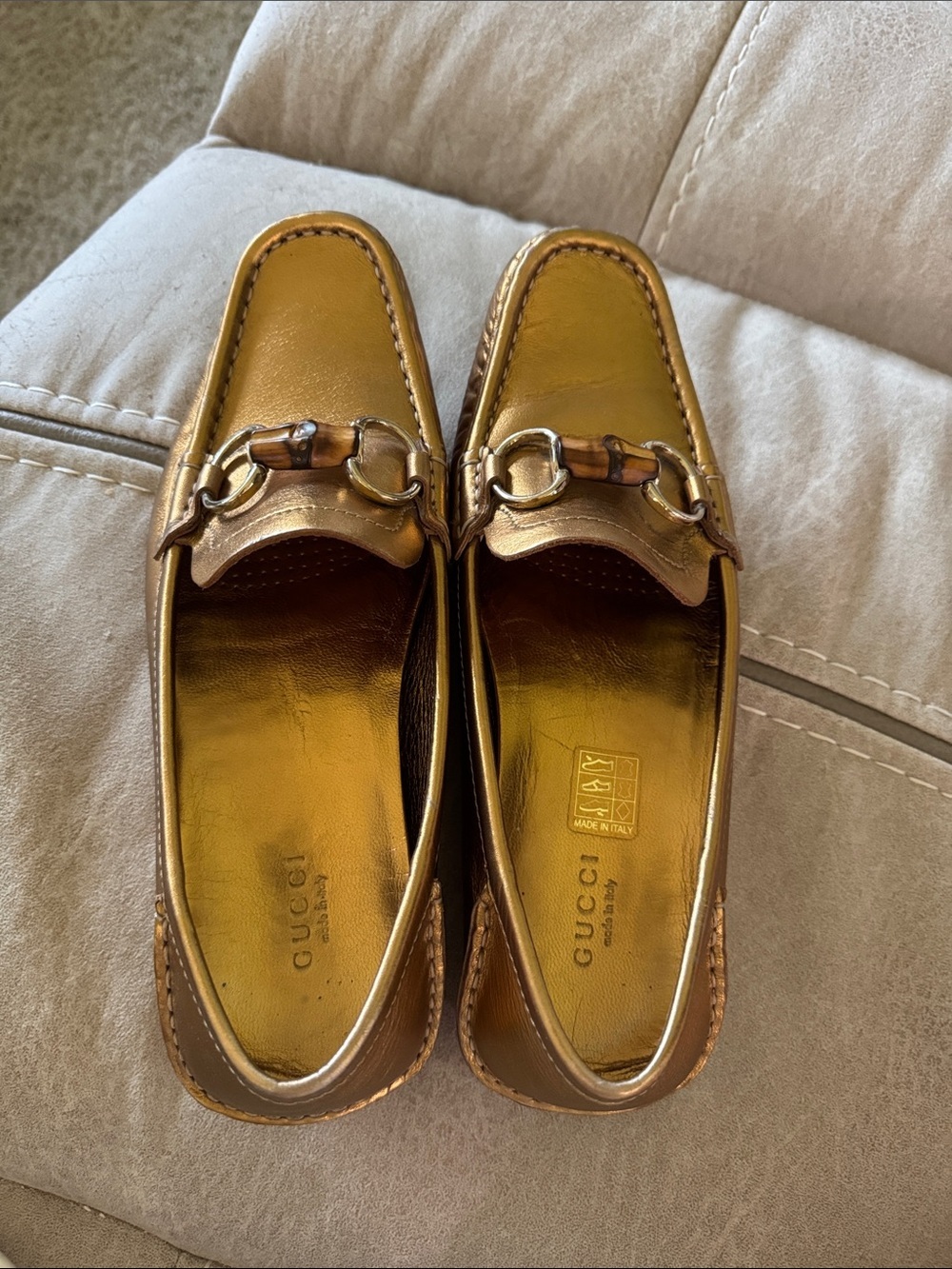 Gucci Metallic Bronze Gold Horsebit Bamboo Loafers Size 7.5 B EUC